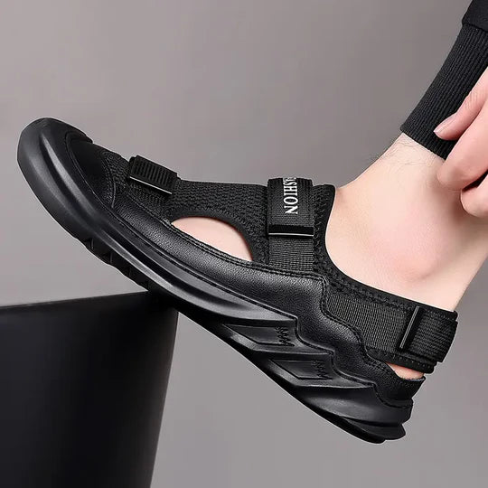 Sandalias ortopédicas tejidas con hebillas para hombre (negras)