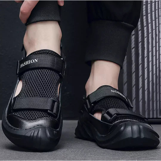 Sandalias ortopédicas tejidas con hebillas para hombre (negras)