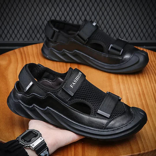 Sandalias ortopédicas tejidas con hebillas para hombre (negras)